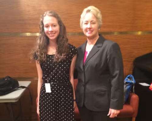 Cara Maines poses for a photo with Mayor Annise Parker after a mock press conference.