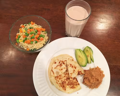 Cheese quesadillas, Ramen noodles, smoothie